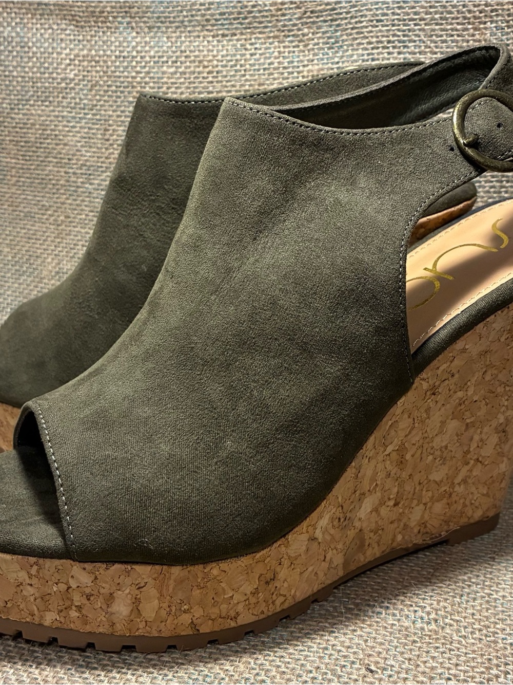 Olive Suede Peep-Toe Cork Wedge Sandals - Women